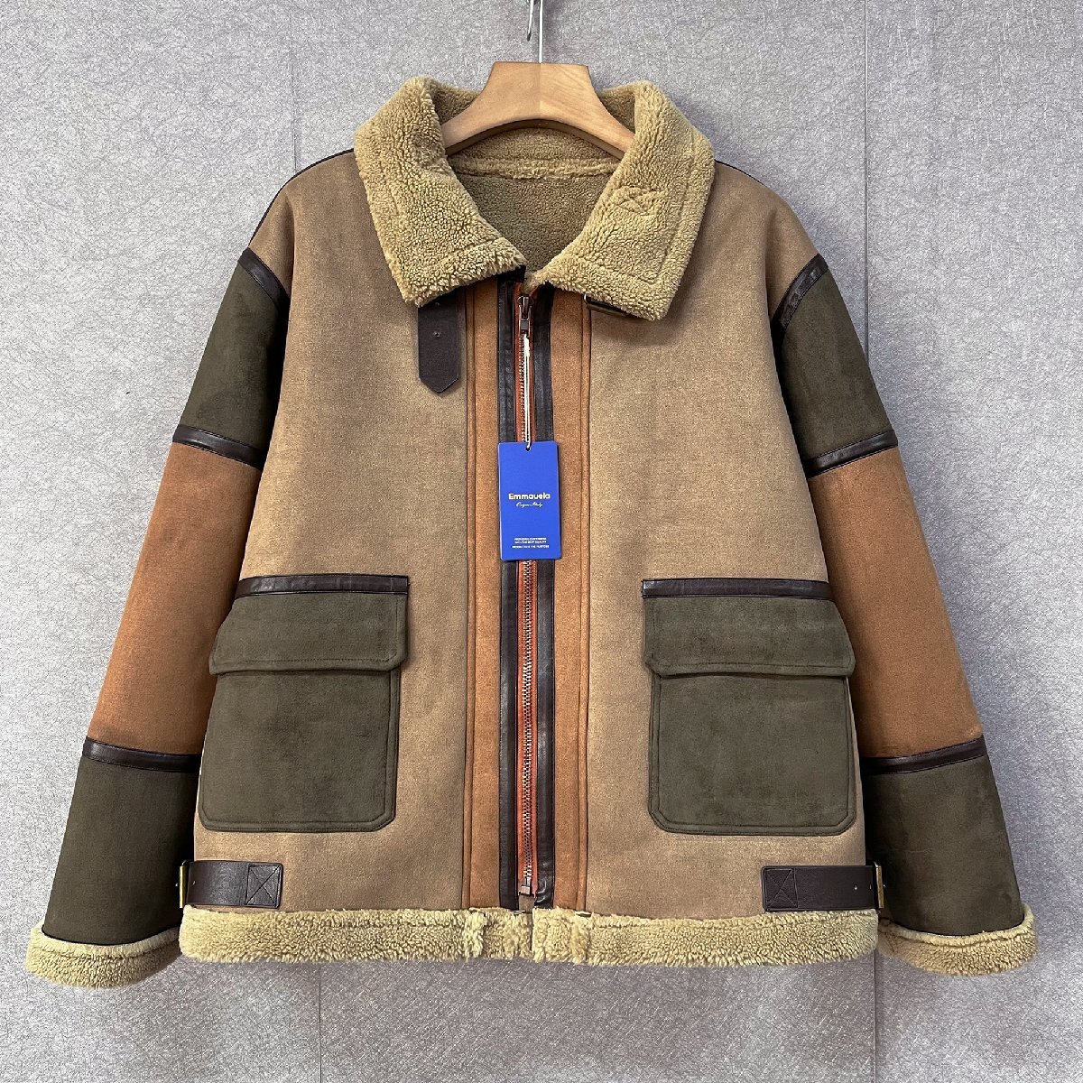 高級・レザージャケット 定価13万◆Emmauela・イタリア・ミラノ発◆上質羊革 シープスキン 裏起毛 重厚 防寒 ライダース ボマー L/48サイズ拍卖