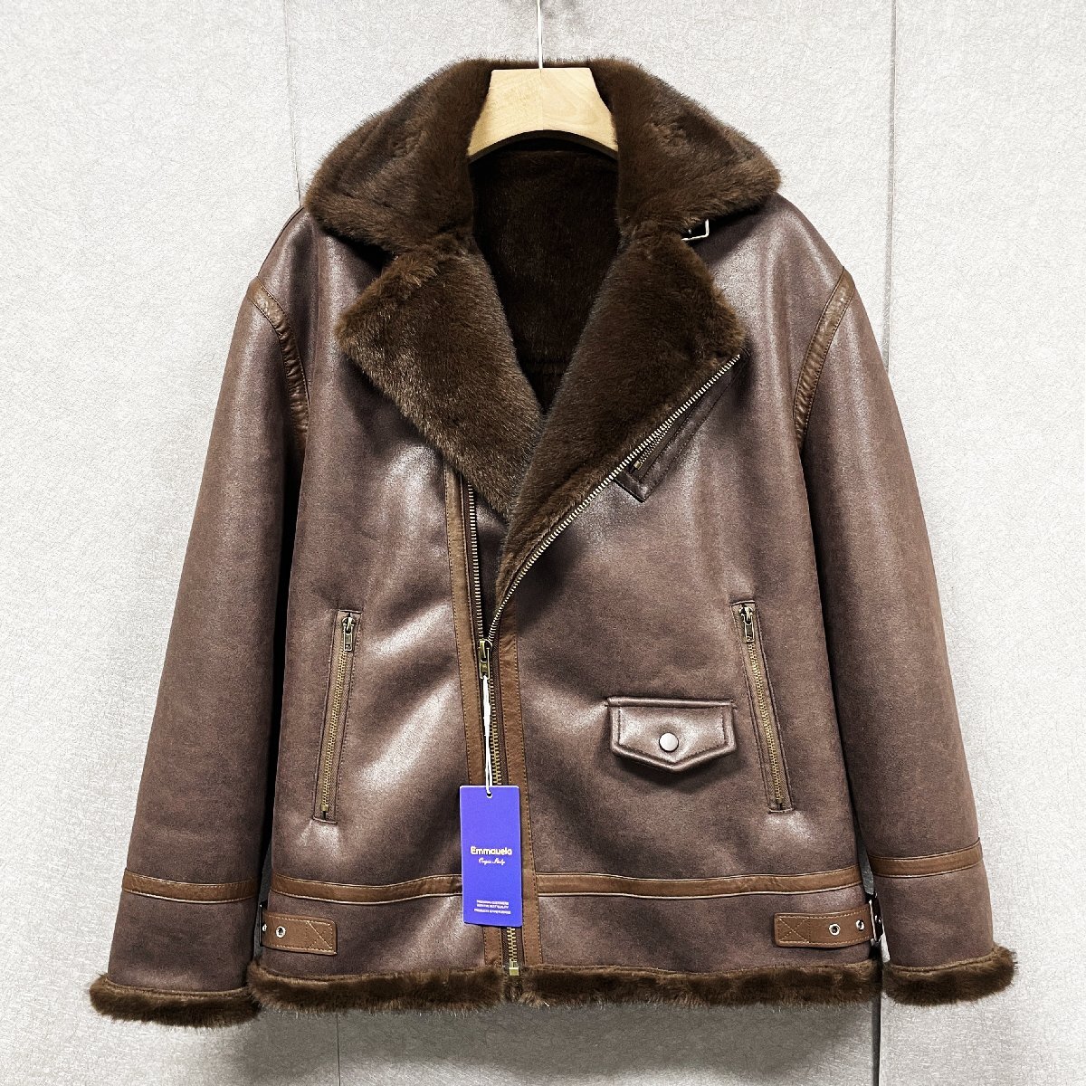 上級・レザージャケット 定価14万◆Emmauela・イタリア・ミラノ発◆高級羊革 本革 厚手 防寒 ソフト 滑らか 裏起毛 ライダース 革ジャンXL拍卖