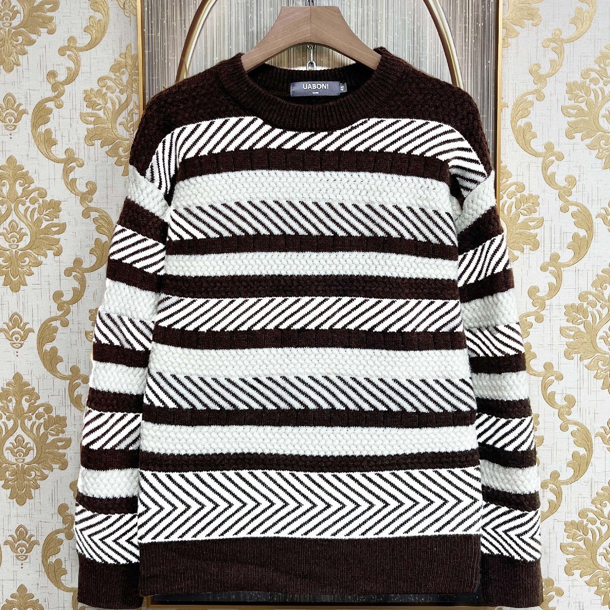 上級EU製&定価4万◆UABONI*Paris*セーター*ユアボニ*パリ発◆ウール混 柔らか 暖かい ストライプ柄 丸首 ニット トップス 秋冬 L/48拍卖