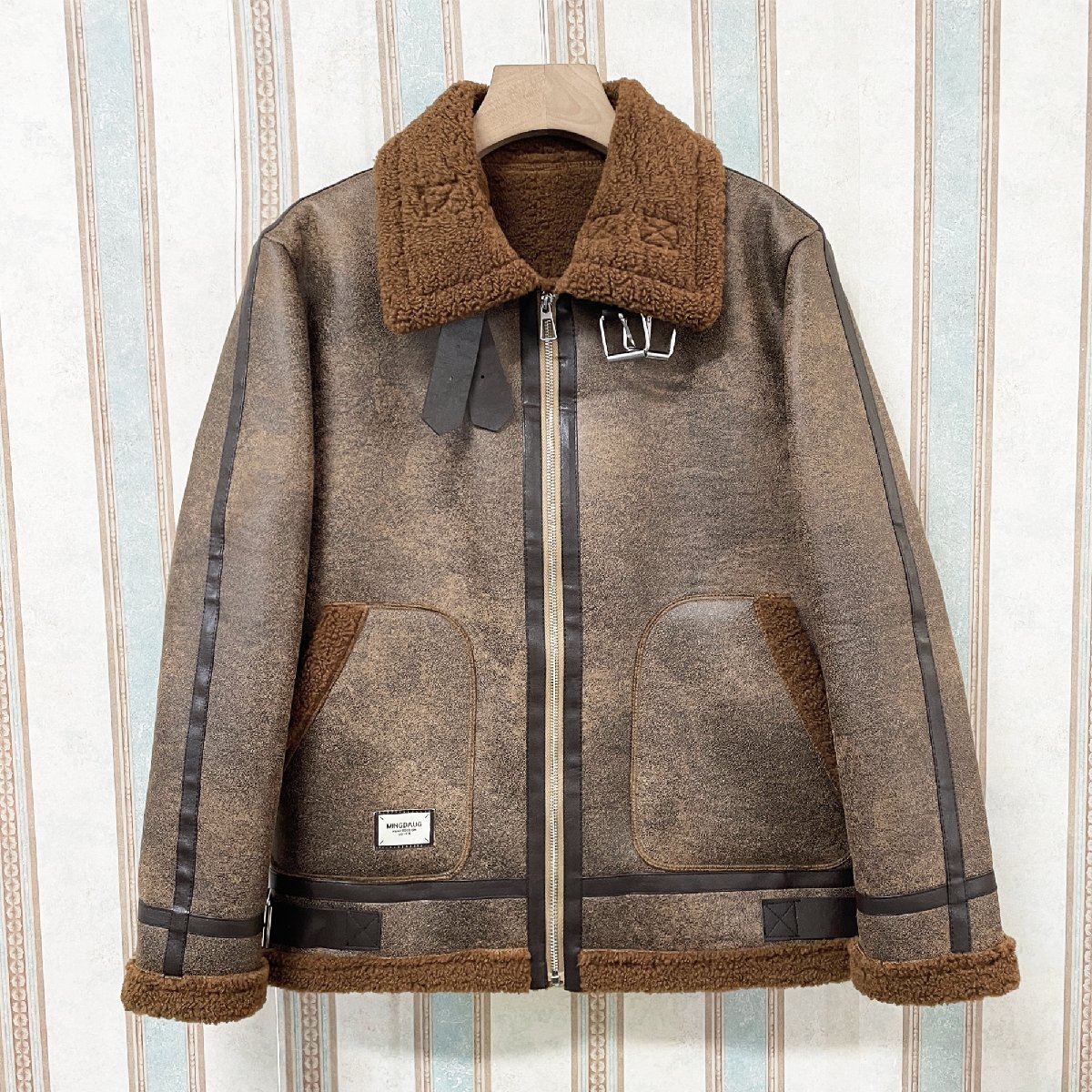 上級 定価12万 FRANKLIN MUSK・アメリカ・ニューヨーク発 レザージャケット 高品質羊革 厚手 裏起毛 防寒 ライダース 革ジャン 冬 サイズ3拍卖