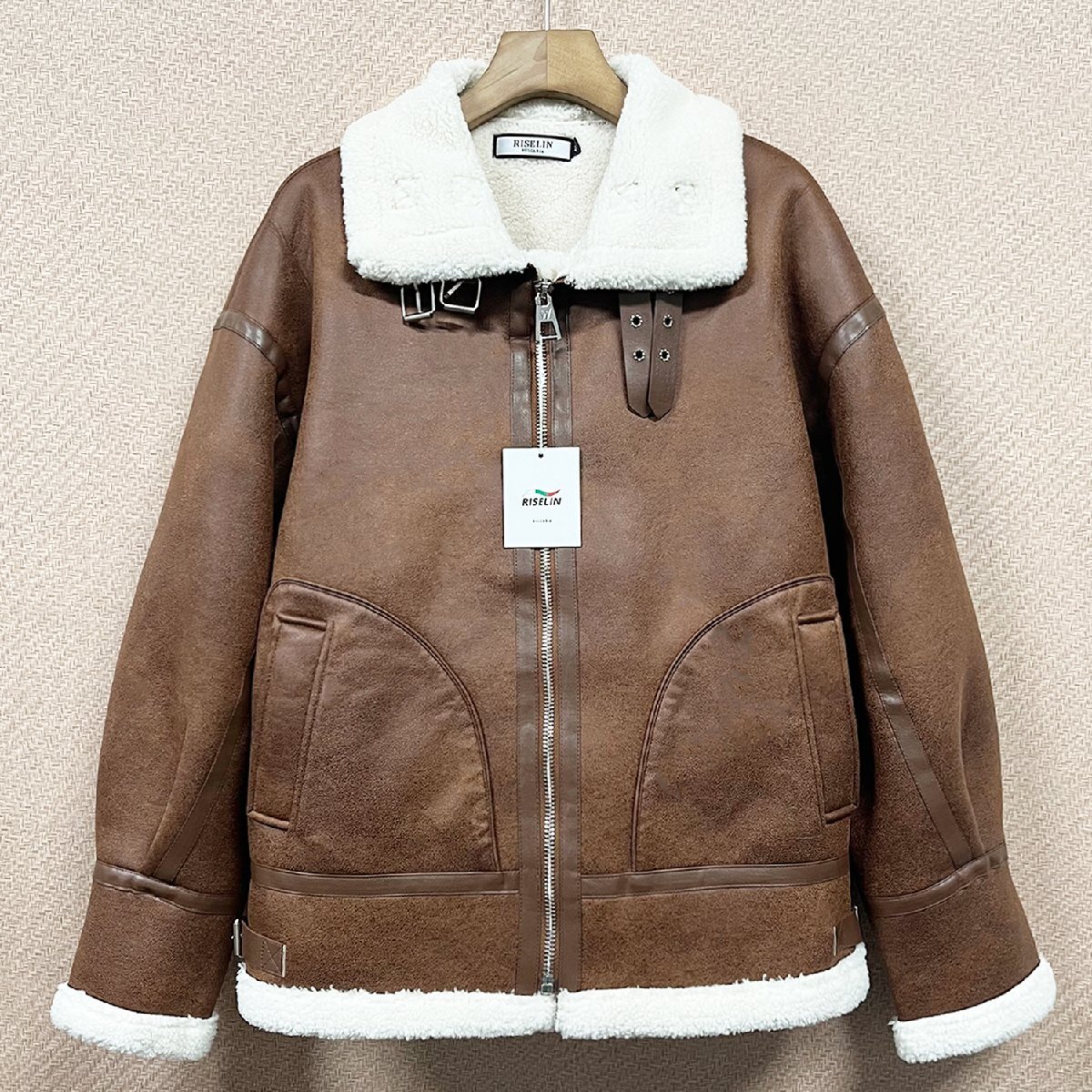 絶賛ヨーロッパ製※定価13万◆ブルガリア発※RISELIN レザージャケット 羊革100% 厚手 防寒 裏起毛 ムートン ライダース 革ジャン 冬 L/48拍卖