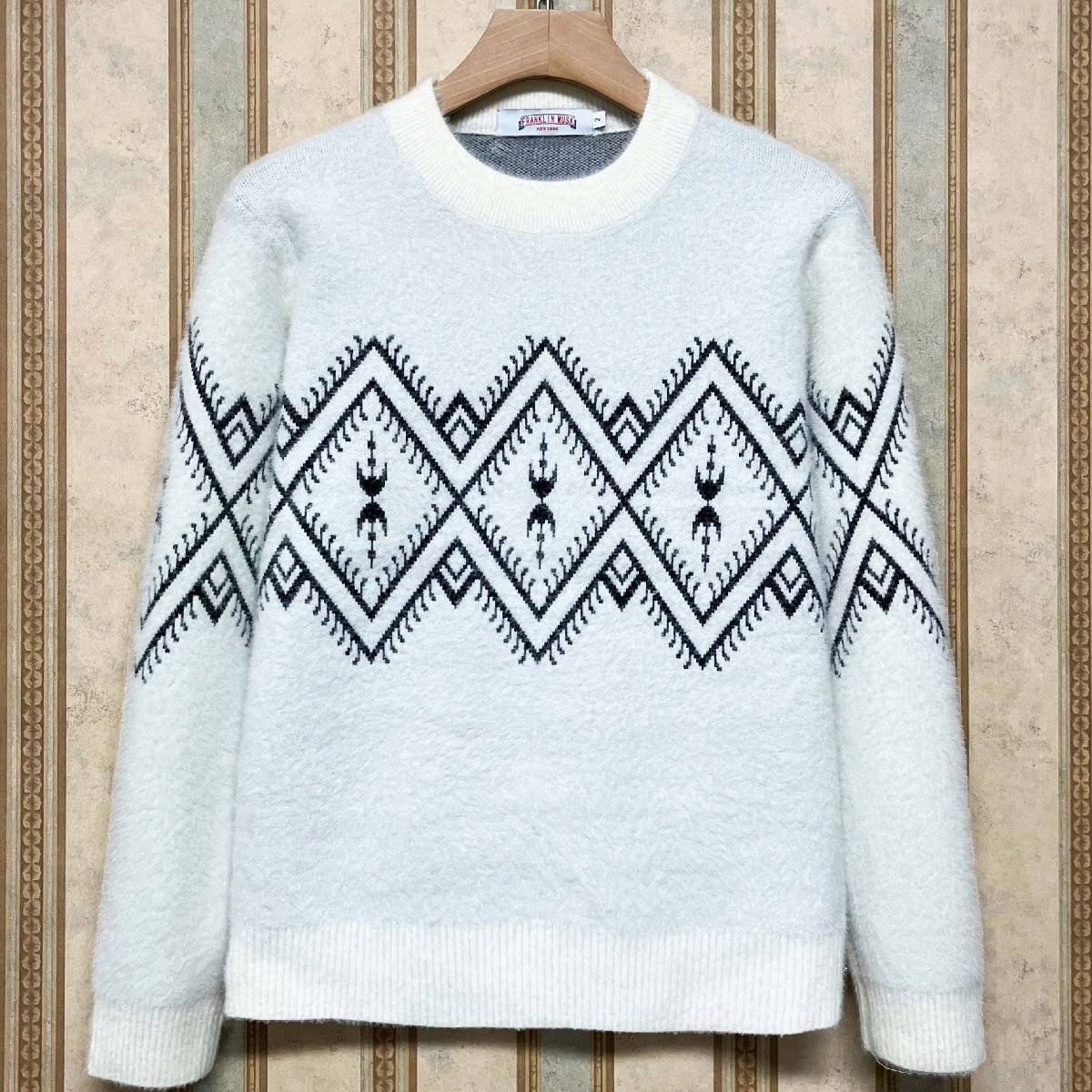 高級 定価5万 FRANKLIN MUSK・アメリカ・ニューヨーク発 上質カシミヤ混 柔らかい ニット アーガイル柄 トレーナー カジュアル サイズ1拍卖