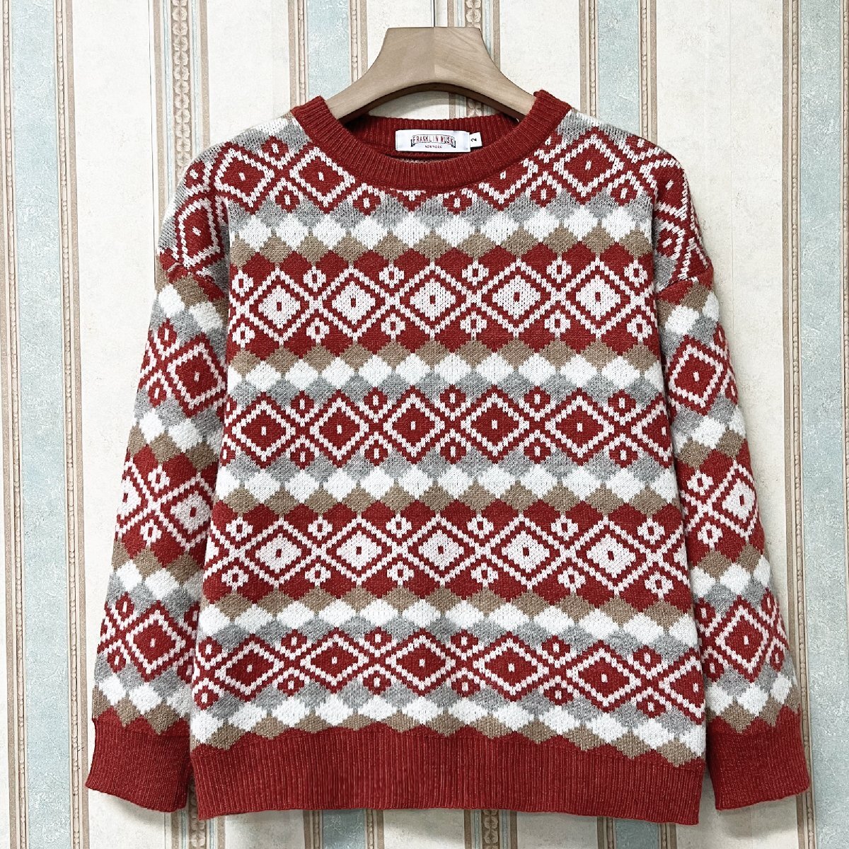 高級 定価5万 FRANKLIN MUSK・アメリカ・ニューヨーク発 セーター 上質ウール ソフト 防寒 伸縮性 総柄 レトロ ニット ユニセックス 4拍卖
