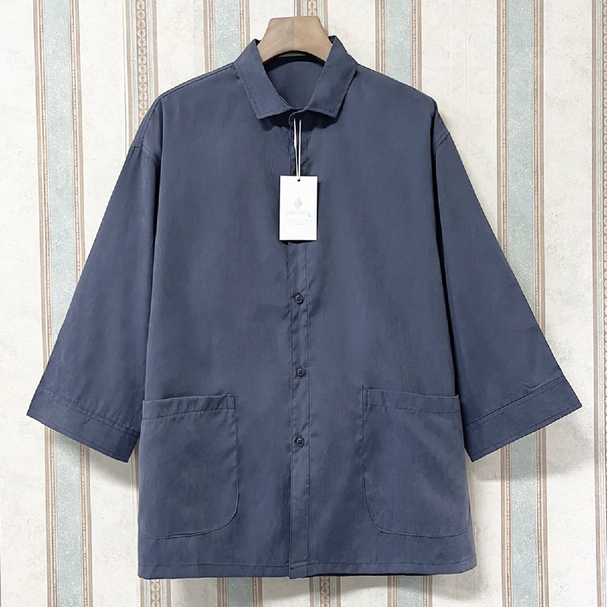 最高級・半袖 シャツ 定価2万 FRANKLIN MUSK・アメリカ・ニューヨーク発 薄手 柔らか 無地 七分袖 ゆったり 開襟シャツ 紳士 夏服 サイズ3拍卖