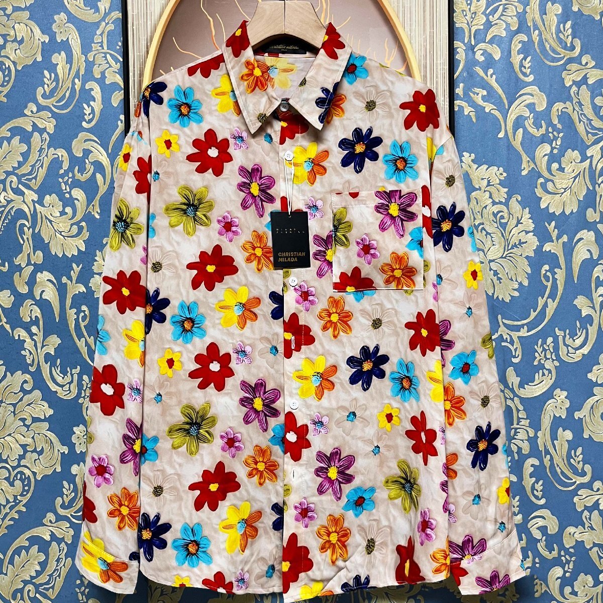 定価4万★christian milada・ミラノ発・長袖 シャツ★高級シルク混 ソフト 滑らか ゆったり 総柄 折り襟 トップス カジュアル 2XL/52拍卖