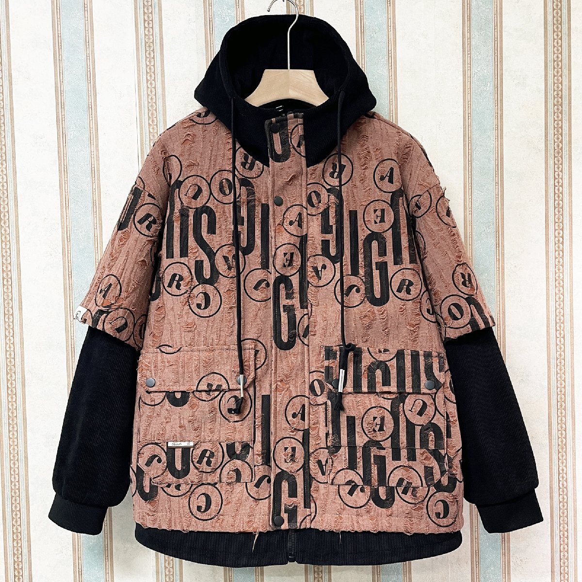 一枚限定 定価8万 FRANKLIN MUSK・アメリカ・ニューヨーク発 中綿ジャケット 防風 ダメージ加工 重ね着風 アウタート ストリート サイズ2拍卖