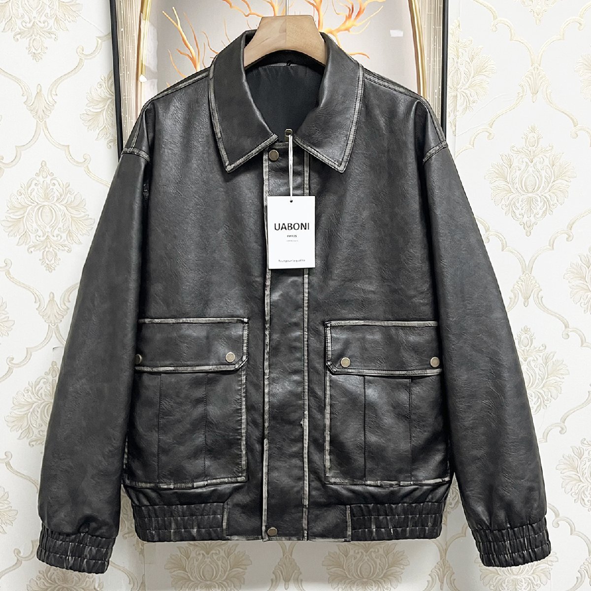 最高級EU製&定価12万◆UABONI*ユアボニ*レザージャケット*フランス*パリ発◆上質牛革 ゆったり ヴィンテージ 革ジャン ライダース 2XL/52拍卖