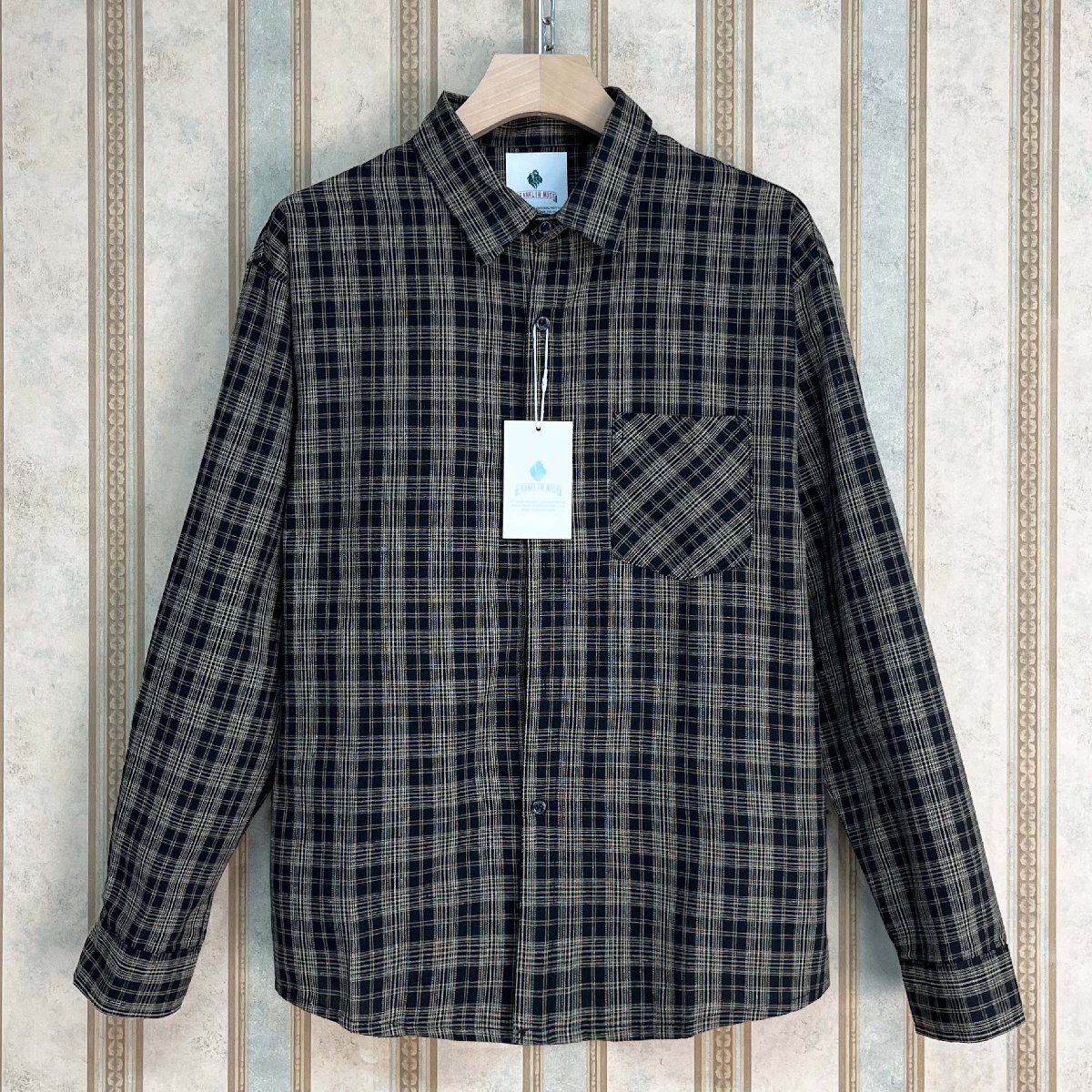 定番 定価4万 FRANKLIN MUSK・アメリカ・ニューヨーク発 長袖 シャツ リネン混 通気 薄手 チェック柄 折り襟 カジュアル 紳士 通勤 サイズ1拍卖