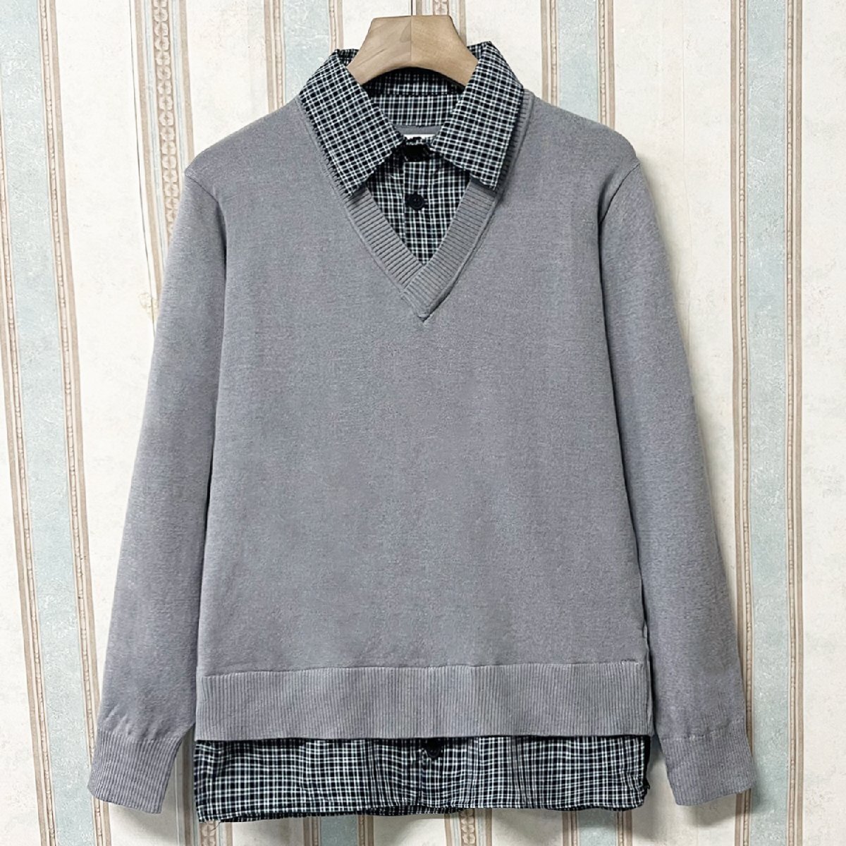 定番 定価4万 FRANKLIN MUSK・アメリカ・ニューヨーク発 セーター ウール混 ニット チェック柄 フェイクレイヤード 通勤 メンズ サイズ1拍卖