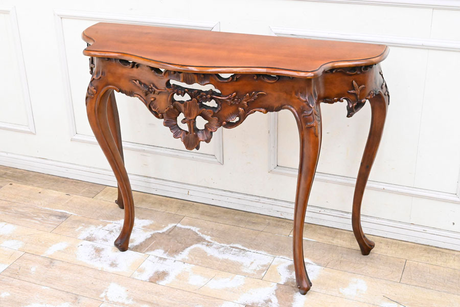 GI32 アンティーク調 イタリアンスタイル ロココ調 クラシック 総無垢 彫刻 コンソールテーブル サイド 猫脚 テレビ台 オブジェ台 飾台拍卖