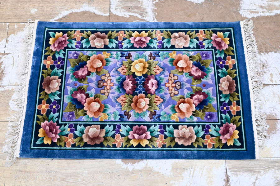 KI11 美品 手織り ハンドメイド シルク 絹 100% 段通 壁飾り 玄関マット キッチンマット 廊下 和室から洋室まで拍卖