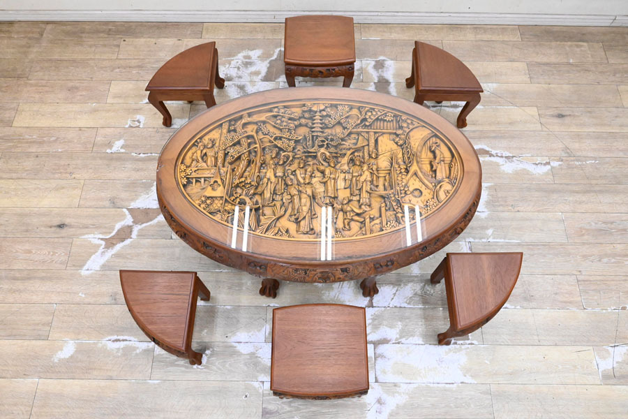 KI17 中国 総無垢 木彫り 彫刻 応接セット 椅子6脚 飲茶卓 ヤムチャ 会食セット ダイニングセット リビング 庭等で 6人掛け拍卖