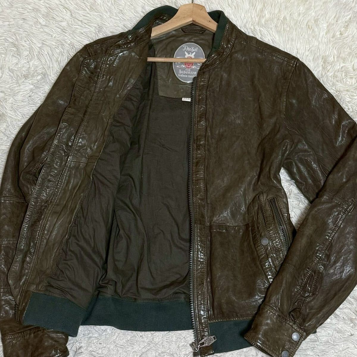 【希少・極美品・XL】DIESEL ディーゼル レザージャケット ブルゾン ライダース アウター ラムレザー 羊革 カーキ ブラウン メンズ拍卖