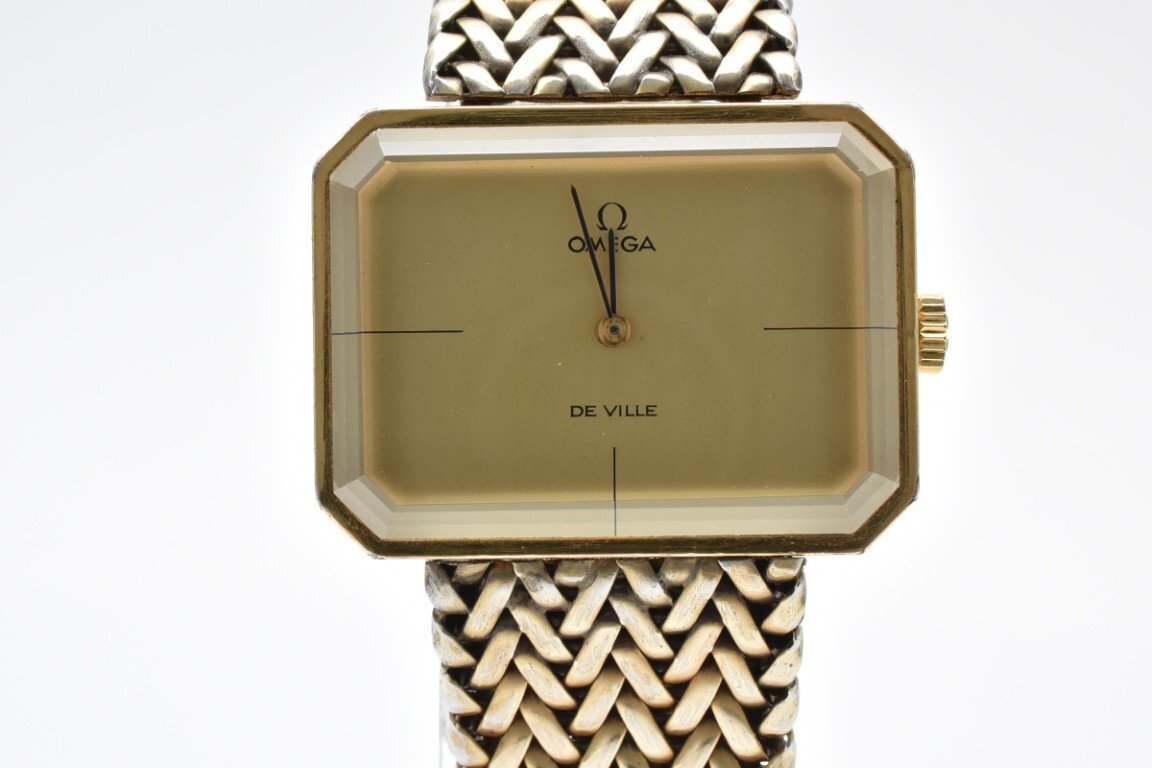 稼働品 オメガ デビル 手巻き 横長 レクタンギュラー ゴールド 2針 カットガラス ヴィンテージ メンズ 腕時計 OMEGA DE VILLE拍卖