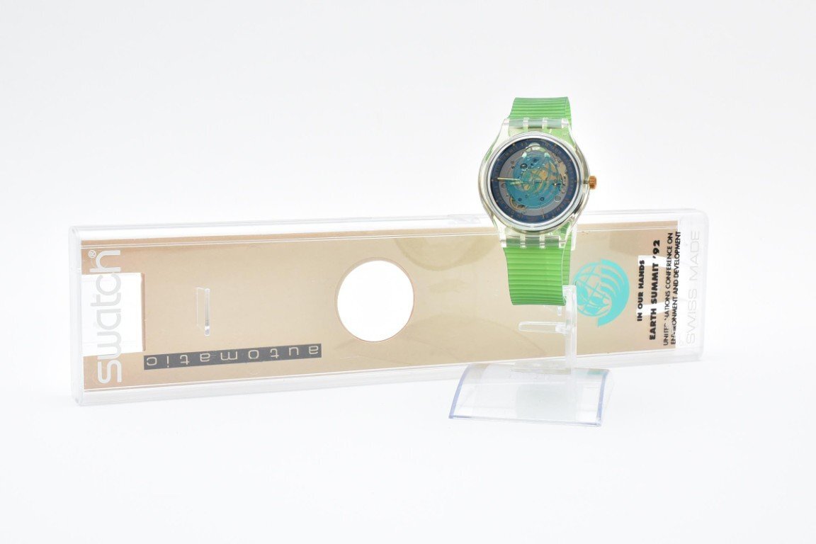 箱付き 稼働品 スウォッチ 自動巻き 地球サミット EARTH SUMMIT 92 グリーン スケルトン メンズ 腕時計 SWATCH AUTOMATIC拍卖