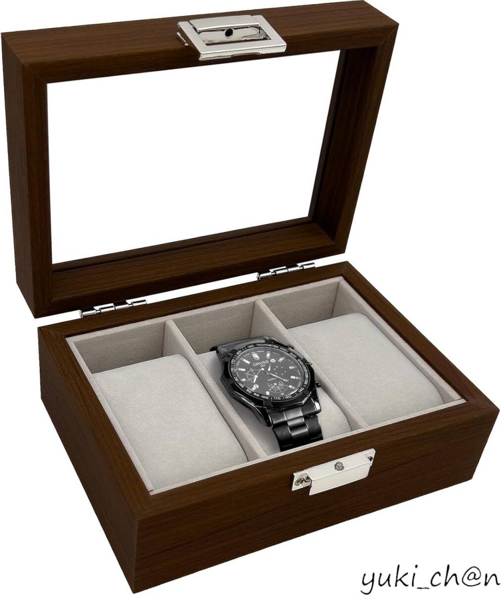 腕時計ケース 3本用 高級 木製ウオッチボックス 透明ガラス天板 コレクション収納 ディスプレイ ギフト プレゼント 男性用拍卖