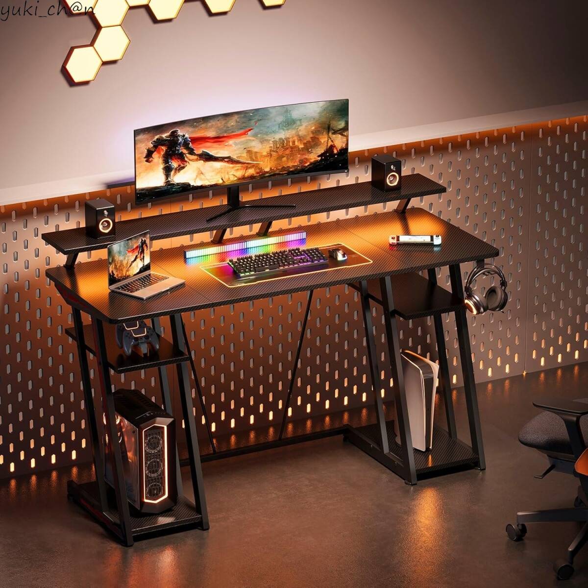 ゲーミングデスク ブラック 幅136cm PCデスク 机 PC パソコンデスク Z字脚 オフィスデスク 収納ラック2段 在宅勤務拍卖