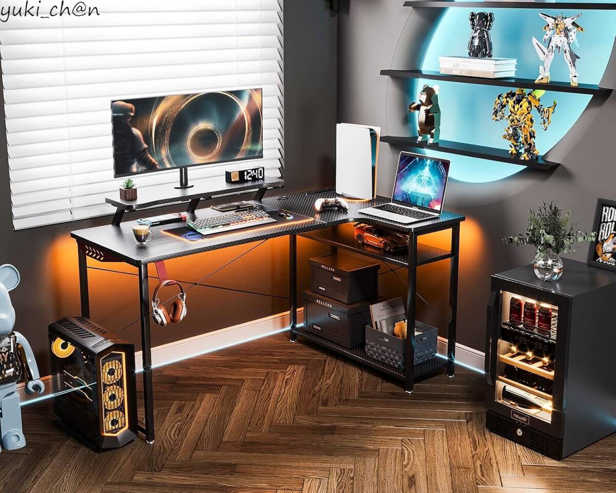 ゲーミングデスク カーボン調ブラック 130x80x74 パソコンデスク L字 コンセント付き PCデスク 机 ラック コーナーデスク 収納拍卖