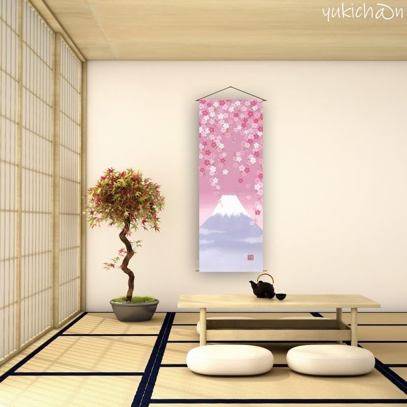 桜と富士山の和風タペストリー 掛け軸 おしゃれ 壁飾り 縁起柄 和モダン インテリア 壁掛け 和室 リビング 40×120cm拍卖