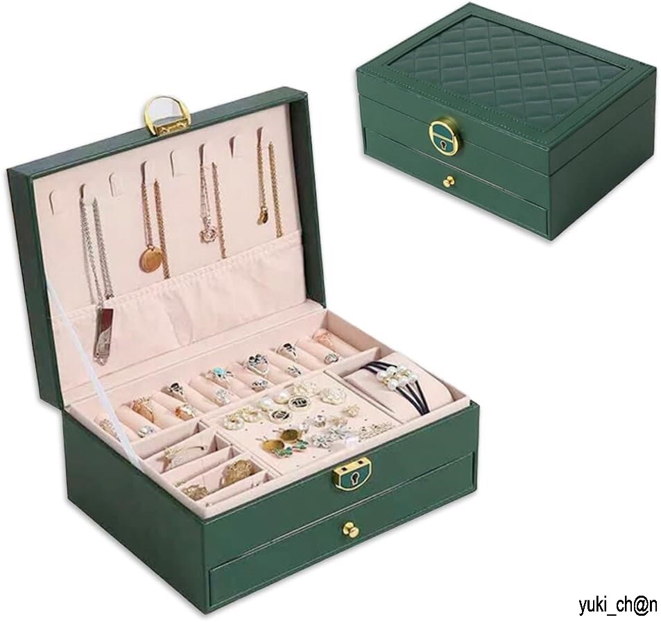 ジュエリーボックス 1段 グリーン アクセサリーケース 宝石箱 小物収納 大容量 レザー調 鍵付 長方形拍卖