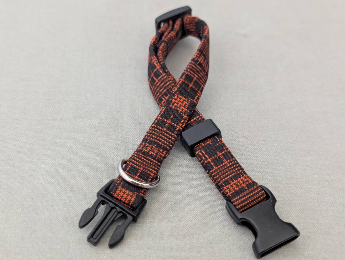 ★手作り京都作家物 猫 首輪 和柄★正絹大島紬黒地朱の縞模様★ハンドメイド (セーフティタイプ) 即決1000円拍卖