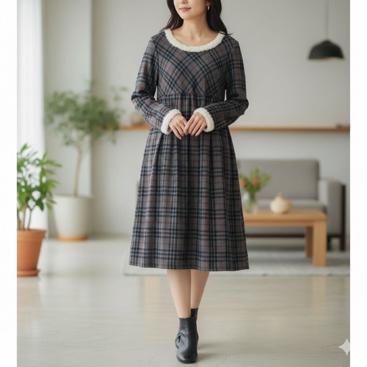 べティーズブルー ノバチェック ウール混 ワンピース 長袖 フレア もこもこ拍卖