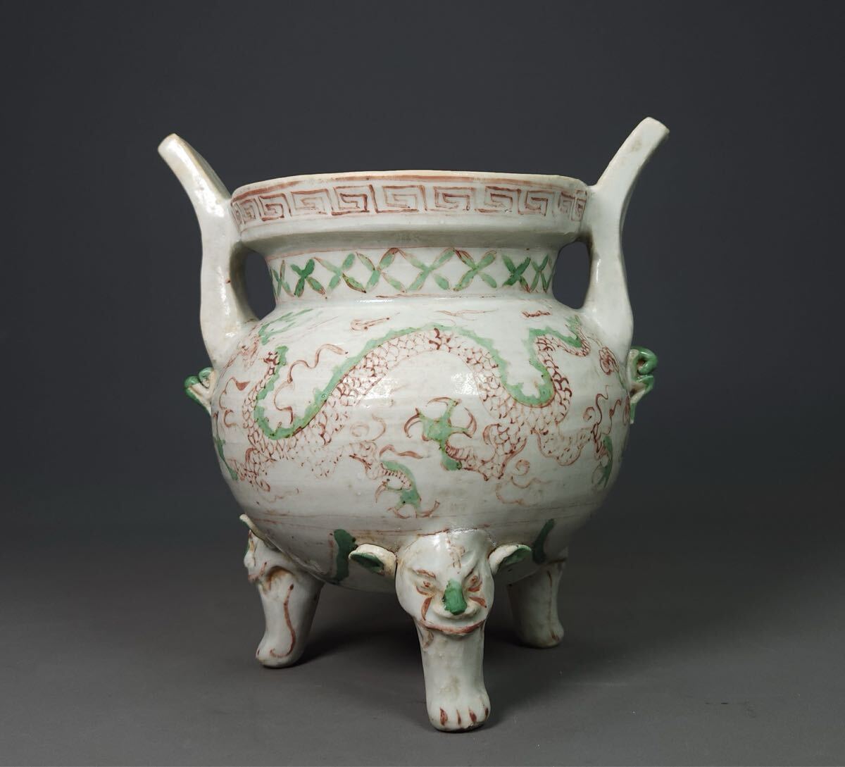 【竹華】中国古美術 元時代 紅緑彩 龍紋 香炉 古玩 骨董 時代物 当時物 唐物 骨董品 時代品 美術品 茶道具 置物 wx7拍卖