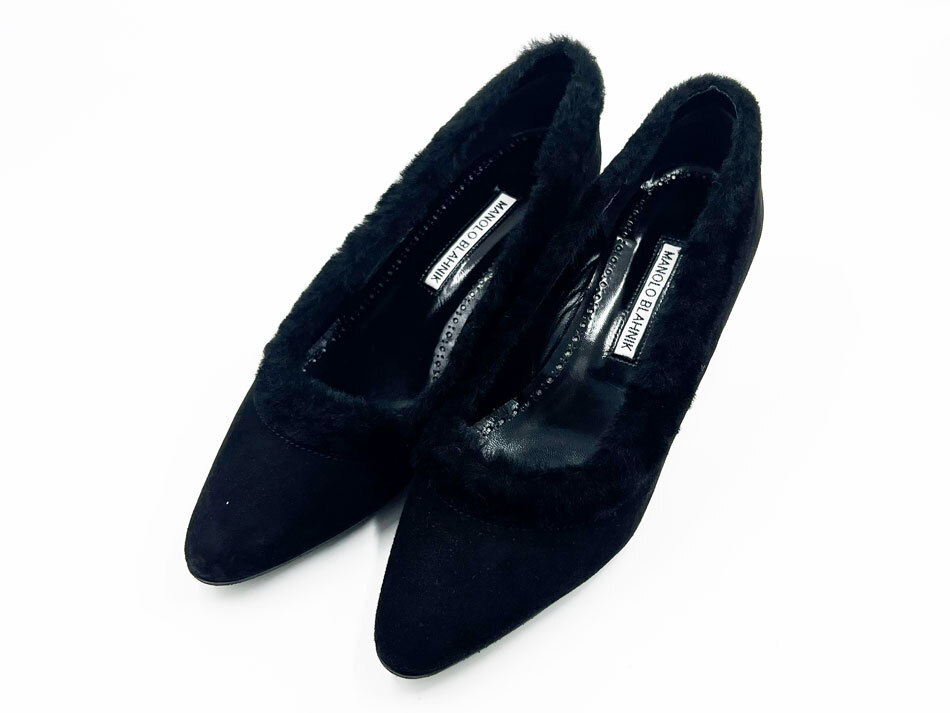 MANOLO BLAHNIK マノロブラニク レディース パンプス ハイヒール 靴 スエード ファー ブラック サイズ:38拍卖