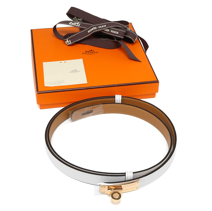 新品同様 エルメス ベルト ケリー 18 ヴォーエプソン U刻印 ホワイト ピンクゴールドプレーテッド レディース HERMES拍卖