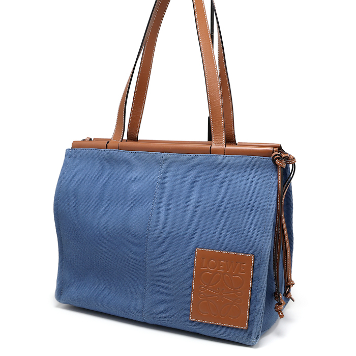 ロエベ クッショントート ラージ ショルダーバッグ トートバッグ キャンバス レザー ブルー LOEWE拍卖