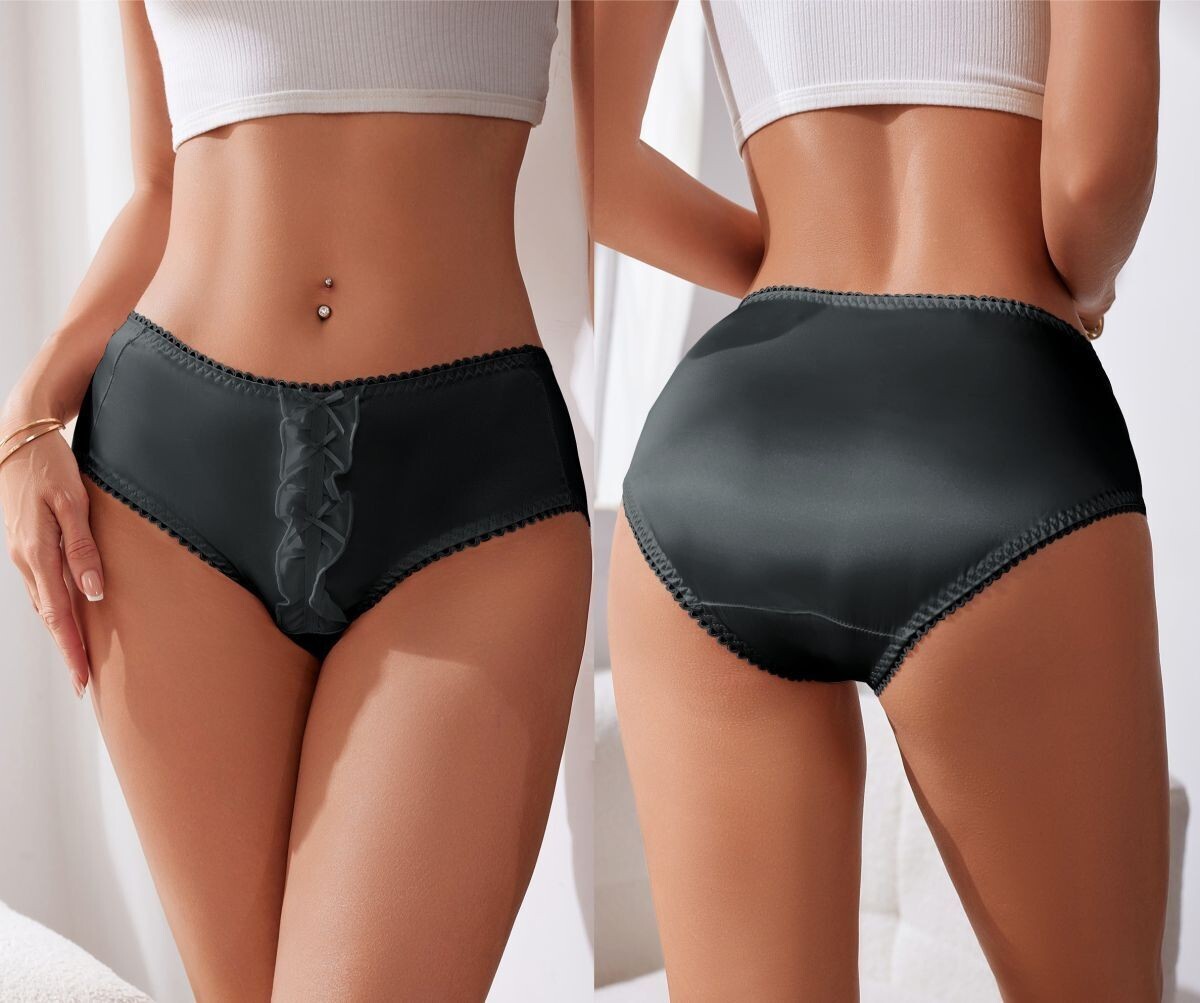 181-132-11 シルキーサテン 光沢 センターフリル ショーツ【ブラックXLサイズ】レディース 女性 下着 パンティ ランジェリー ブリーフ .1拍卖