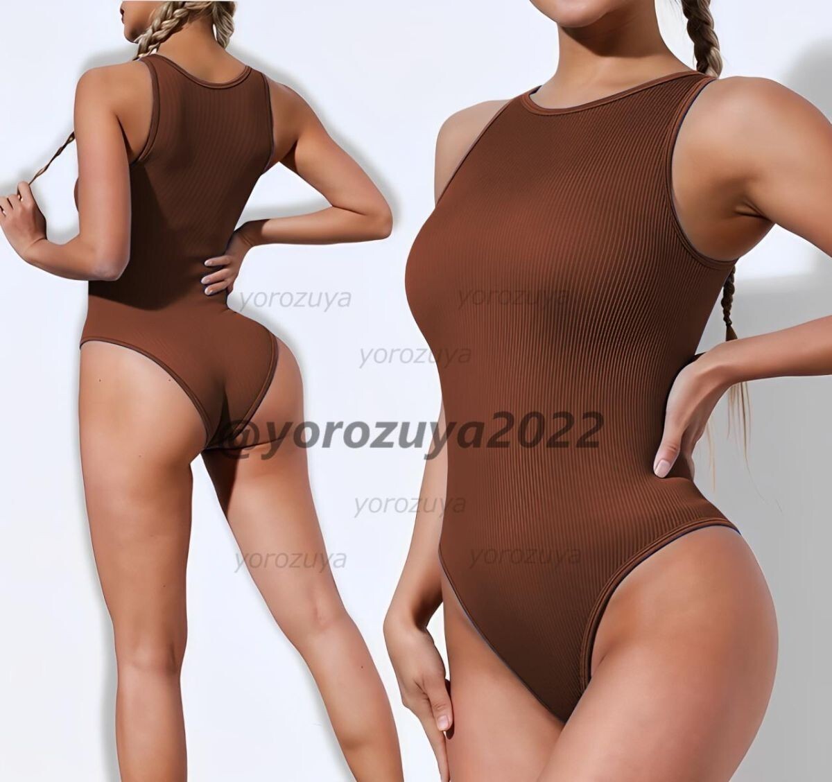 178-317-11 ハイレグ リブ 美シルエット ボディスーツ【ブラウンXL】ノースリーブ レディース レースクイーン インナー コスプレ .1拍卖