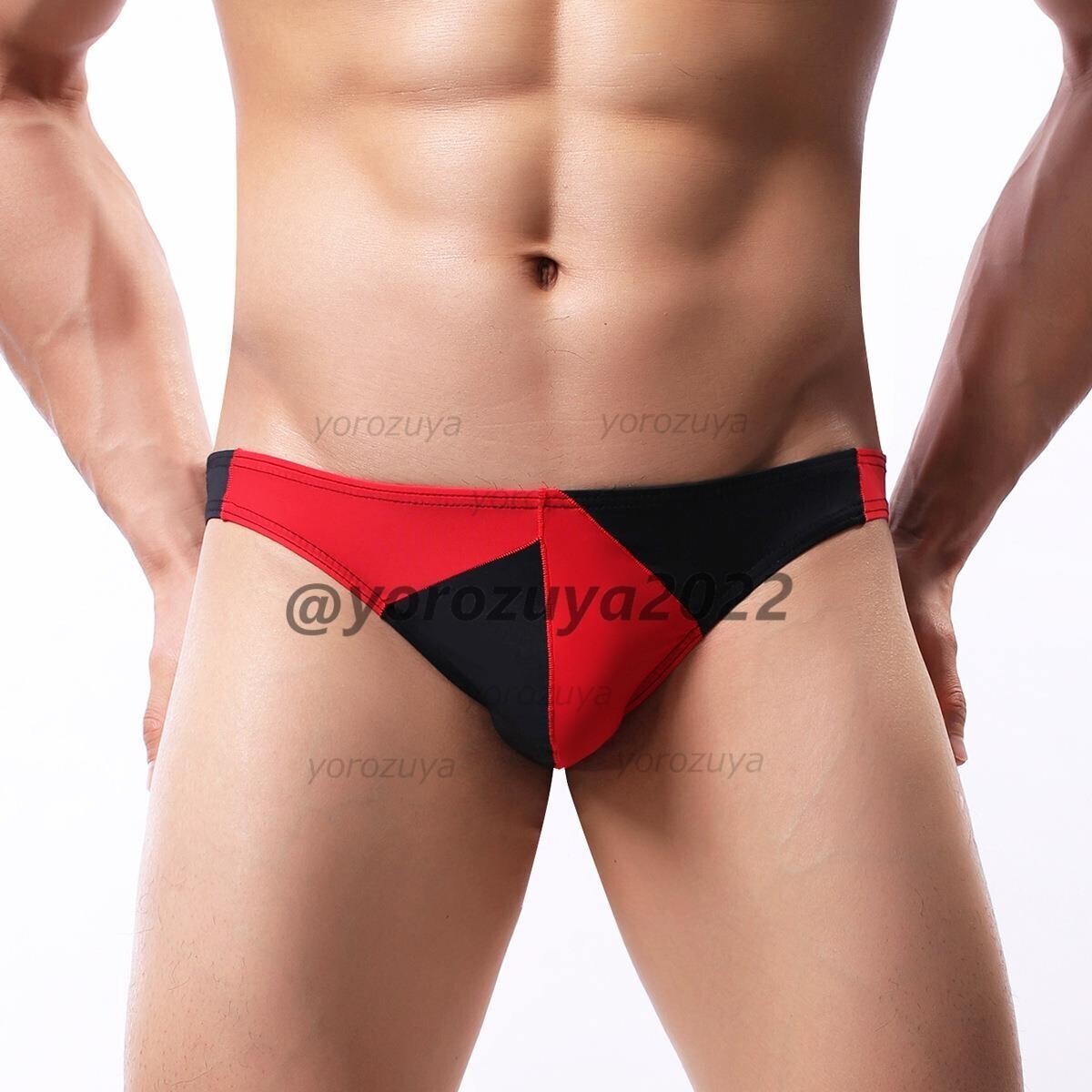176-76-5 個性派 バイカラー ローブリーフ ビキニショーツ【ブラック&レッドL】男性 メンズ アイスシルク パンツ アンダーウェア.1拍卖