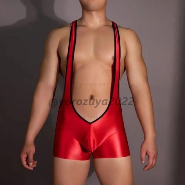 113-246-17 メンズ 艶々 サスペンダー ジャンプスーツ ケツ空き【レッドFサイズ】コスプレ 光沢 下着 エロ セクシー ランジェリー .3拍卖