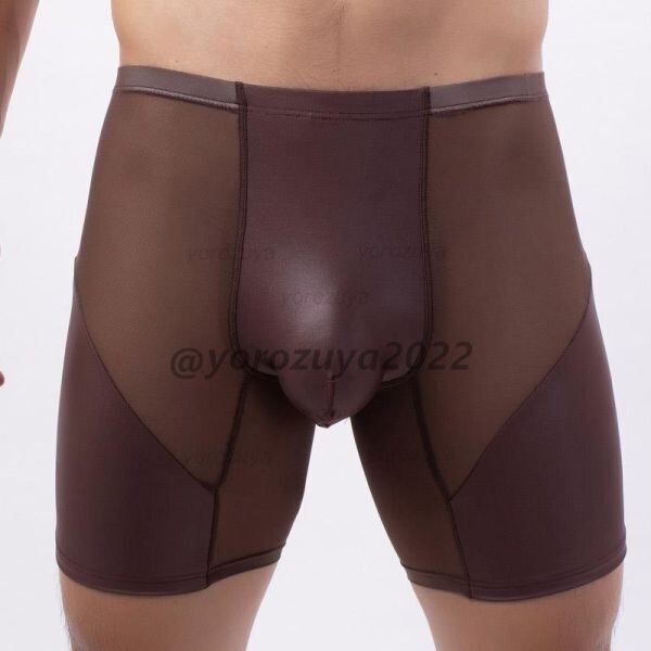 98-388-14 メンズ!! フロントレザー メッシュ ボクサー スパッツ パンツ 【ブラウンL】男性 下着 もっこり 透け 過激 ゲイ ショーツ.1拍卖