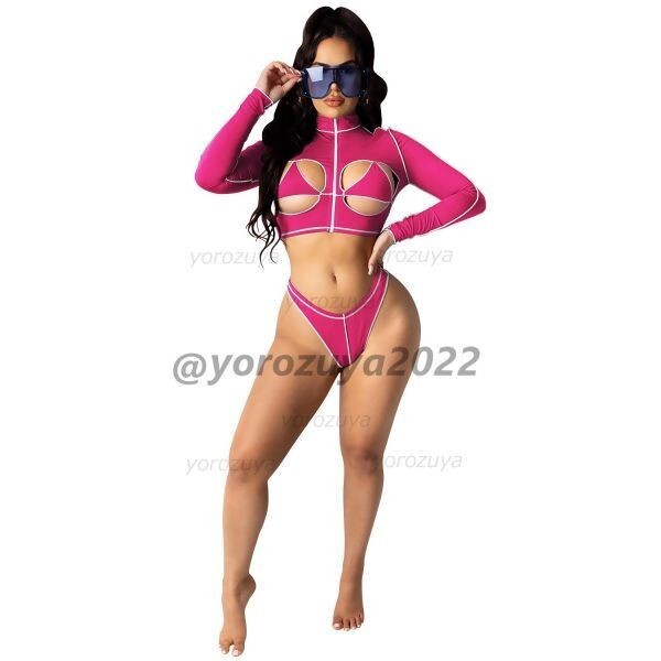83-180-10 上下セット♪ 長袖 ビキニ フロントジッパー 激エロ【ピンクM】レディース メンズ コスプレ セクシー 海 夏 ビーチ サマー.2拍卖