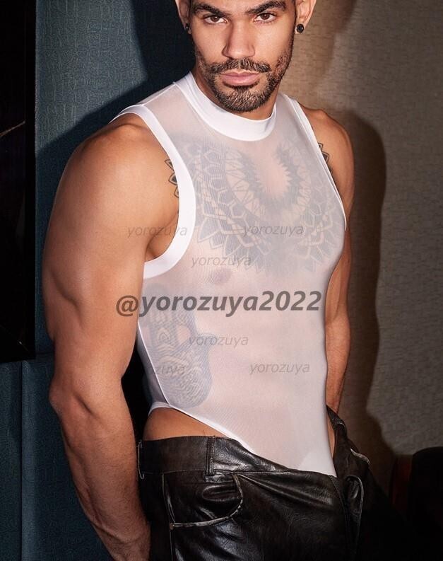 181-223-10 メンズ オイリー シャイン ボディスーツ【ホワイトF】男性 下着 インナー セクシー ノースリーブ ランジェリー コスプレ .1拍卖