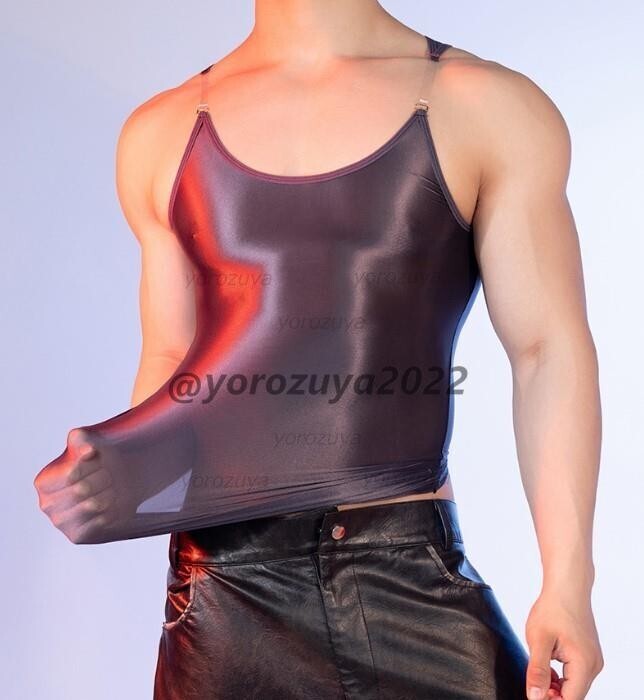 170-214-15 光沢 ピタピタ タンクトップ クリアショルダー【グレーF】男性 メンズ セクシー インナー ゲイ マッチョ フィットネス .1拍卖