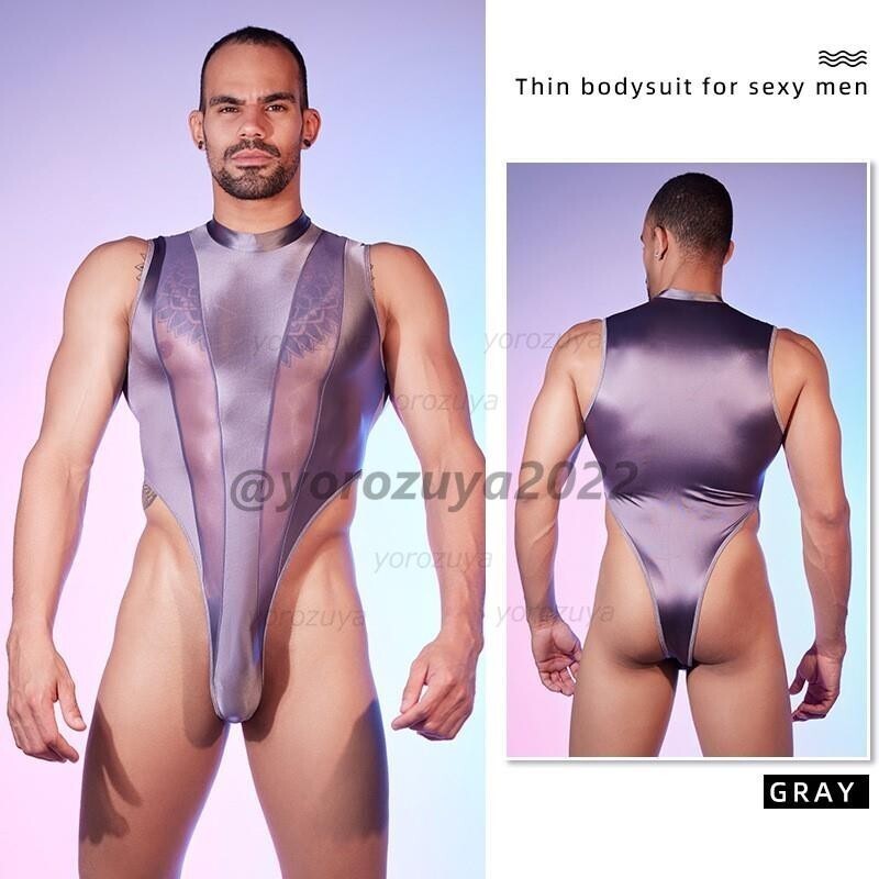 146-138-19 メンズ 光沢艶々 ハイカットスーツ 【グレーF】男性 下着 セクシー エロ コスプレ レオタード ハイレグ ジャンプスーツ .1拍卖