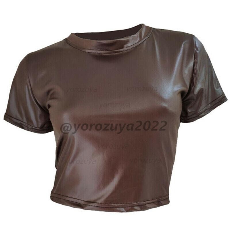 136-255-9 ★レザーシリーズ★ トップス Tシャツ 【ブラウンLサイズ】レディース メンズ ユニセックス パテント PU レザー コスプレ .1拍卖