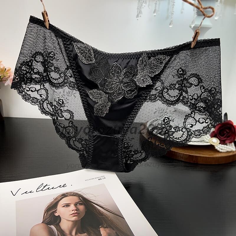 170-9-9 光沢 お花刺繍 レース セクシー ショーツ 【ブラックXLサイズ】レディース 女性 パンツ ランジェリー エロ 透け ブリーフ .2拍卖
