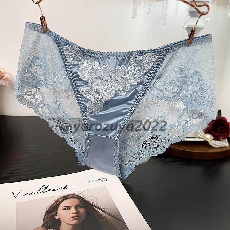170-8-9 光沢 お花刺繍 レース セクシー ショーツ 【ブルーXLサイズ】レディース 女性 パンツ ランジェリー エロ 透け ブリーフ .1拍卖