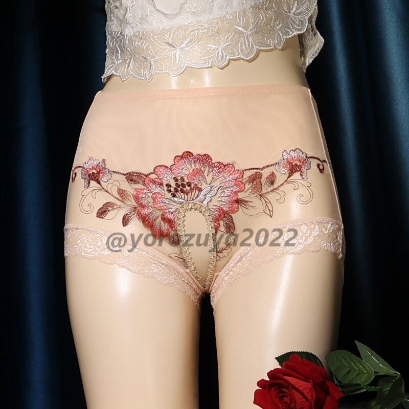 50-247-8 メッシュ オープンクロッチ 股空き ショーツ 刺繍レース【ベージュLサイズ】メンズ レディース ショーツ パンツ ランジェリー.2拍卖