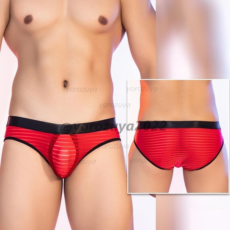 158-205-8 光沢 艶々ボーダー 透けシースルー ブリーフ【レッドF】男性 下着 ショーツ インナー エロ アンダーウェア ゲイ マッチョ .1拍卖