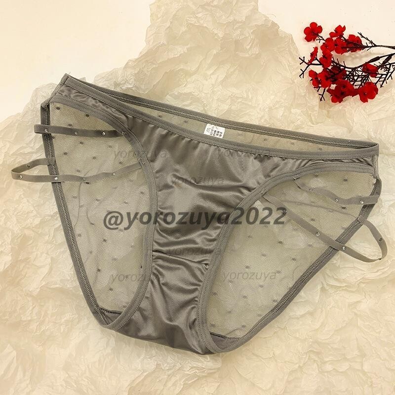 164-379-4 ラインストーン 光沢 サテン 紐 セクシーショーツ【グレーL】レディース 女性 新品 パンツ 透け ブリーフ フルバック .1拍卖