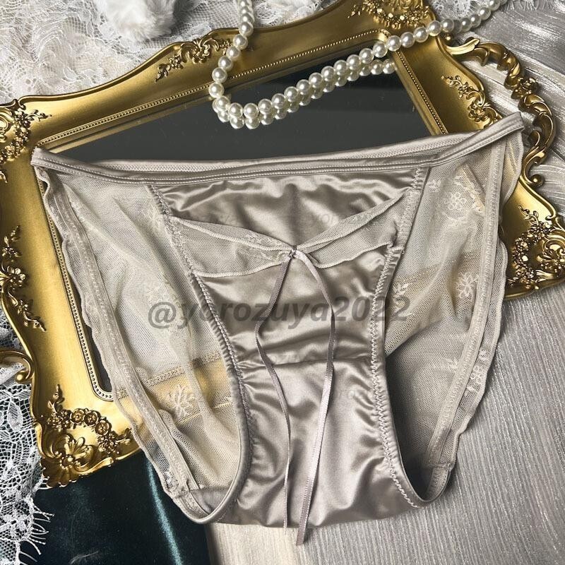 131-98-6 高級レース 光沢サテン リボン 可愛い系 ショーツ【グレーF】レディース 女性 セクシー 学生 JK JC ランジェリー パンツ .1拍卖