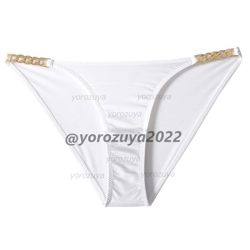164-173-8 ツヤツヤ トライアングル ビキニ 金チェーン【ホワイトLサイズのみ】レディース 光沢 女性 エロ セクシー ショーツ ブリーフ .1拍卖