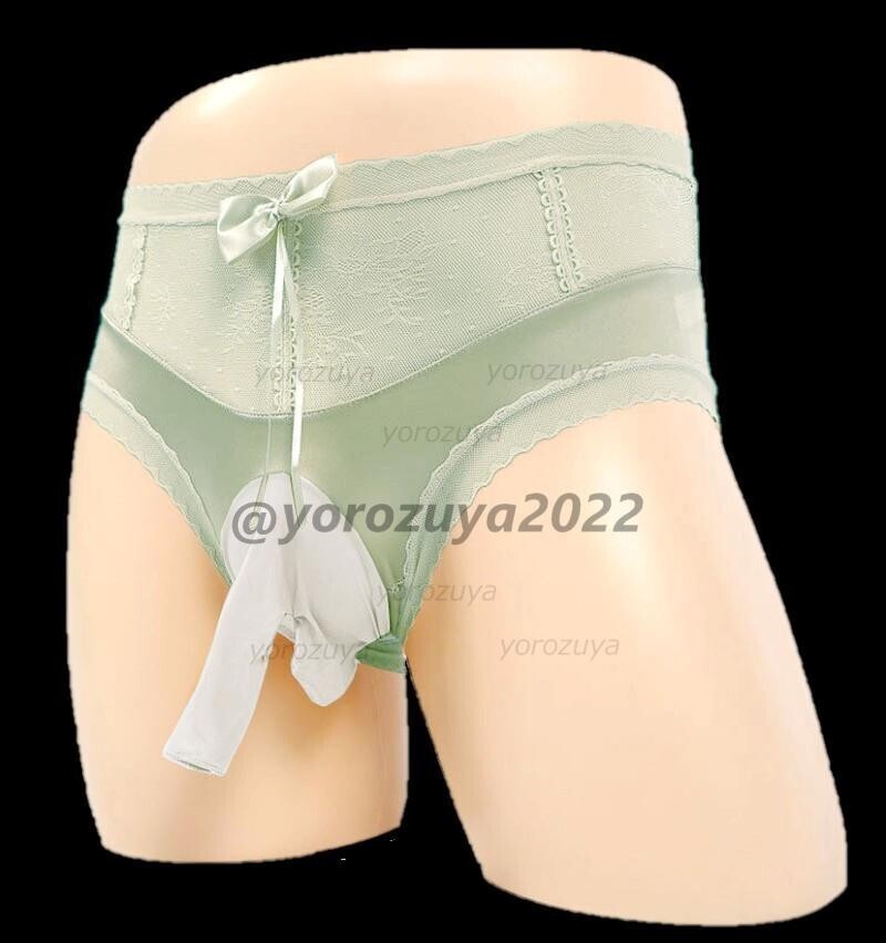 158-306-9 光沢 シルキー サオ付き レース ショーツ【グリーンLサイズ】男性 メンズ 下着 パンツ ブリーフ ゲイ 男の娘 ランジェリー.1拍卖