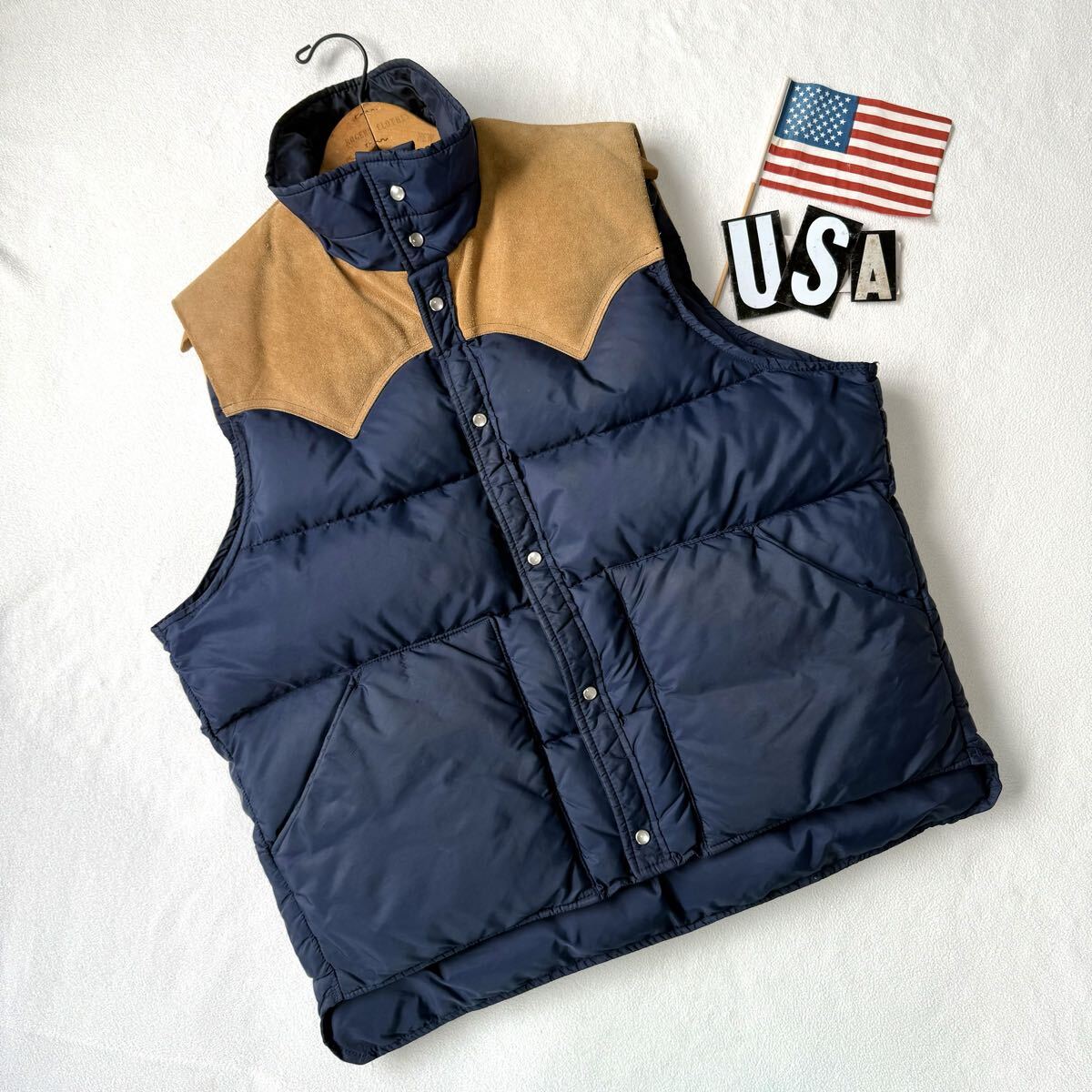 【美品・希少XL・グッドカラー】80s ウールリッチ ダウンベスト 白タグ レザーヨーク USA製 ヴィンテージ ビンテージ ネイビー拍卖