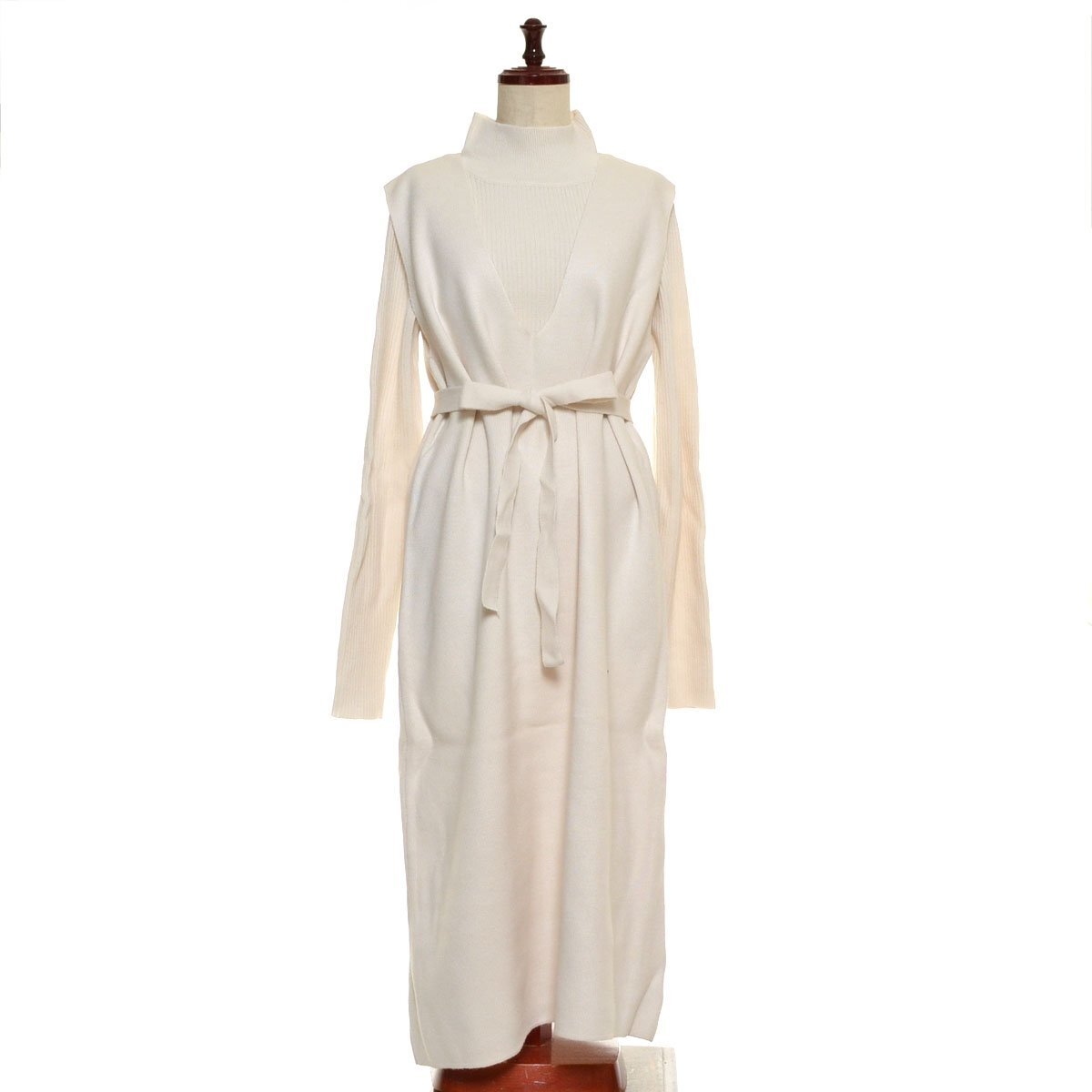 ◇531641 未使用品 GRL セットアップ ◇リボンベルト付きハイネックトップス ×Vネックワンピースニット サイズS レディース アイボリー拍卖